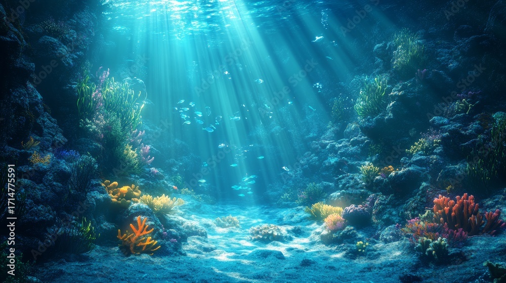 Fototapeta premium Underwater Alien World An alien underwater world with glowing coral reefs, bizarre sea creatures, and enormous, bioluminescent plants swaying in the deep ocean currents. The water is crystal clear, an