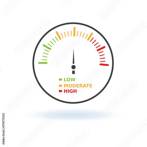Professional illustration of low, medium and high level indicator in color (green, yellow, red) on white background