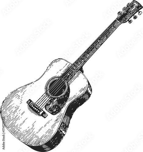 Acoustic guitar sketch hand drawn detailed string instrument illustration — stock vector