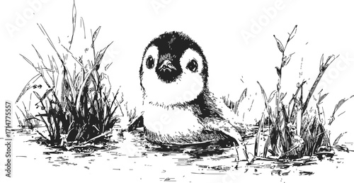 Duckling sketch hand drawn in pond with grass and water plants — stock vector