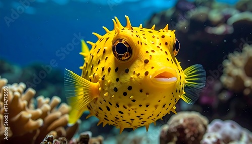 Fototapeta Naklejka Na Ścianę i Meble -  Close-up of a vibrant yellow and black spotted pufferfish, swimming in a coral reef environment, showcasing its intricate details and bright colors.