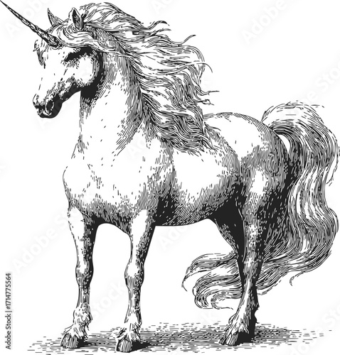 Unicorn sketch hand drawn majestic mythical horse with flowing mane and tail — stock vector
