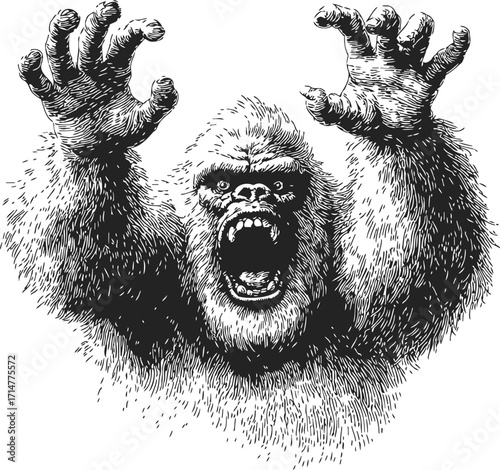 Angry gorilla sketch hand drawn roaring with raised arms in aggressive pose — stock vector