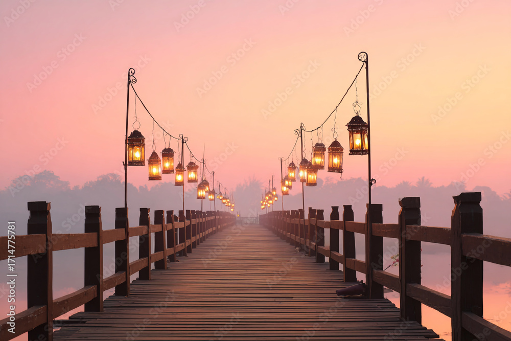 Obraz premium Scenic Asian-style bridge with lanterns, creating a festive and cultural atmosphere.