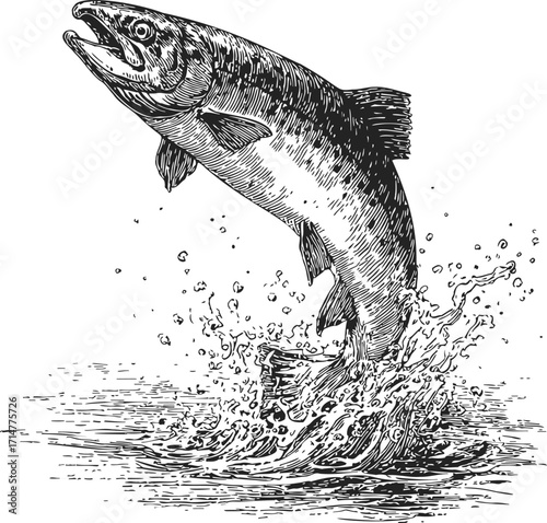 Salmon sketch hand drawn leaping out of water with splash — stock vector