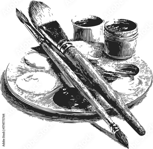 Paintbrushes sketch hand drawn on artist palette with paint jars — stock vector