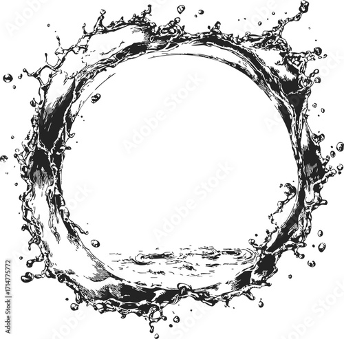 Water splash circle sketch hand drawn dynamic liquid ring frame — stock vector