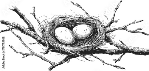 Bird nest sketch hand drawn with two eggs on tree branches — stock vector