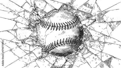 Baseball sketch hand drawn breaking shattered glass dramatic impact scene — stock vector