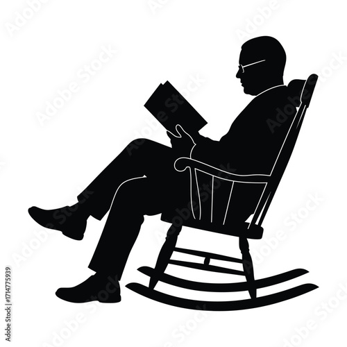 Black silhouette of a man wearing glasses reading a book in a wooden rocking chair vector