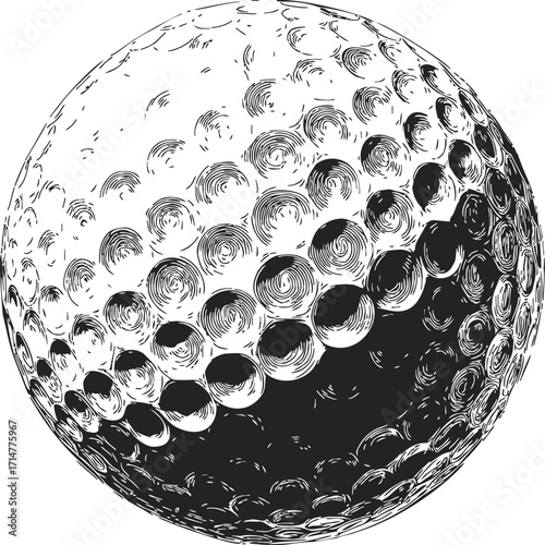 Golf ball sketch hand drawn detailed dimples black and white closeup — stock vector