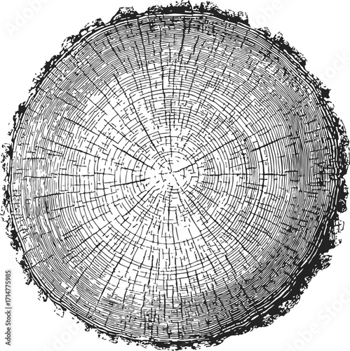 Tree rings sketch, hand drawn cross section showing annual growth rings — stock vector