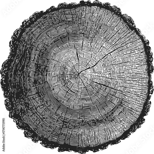 Tree rings sketch, hand drawn cross section showing annual growth rings and texture — stock vector