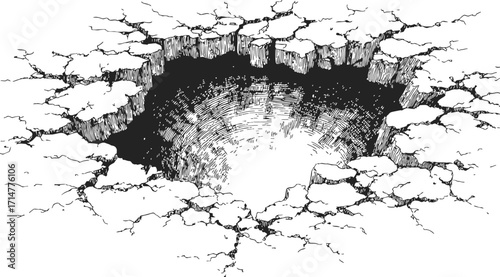 Crater in cracked ground sketch hand drawn style dramatic sinkhole scene — stock vector