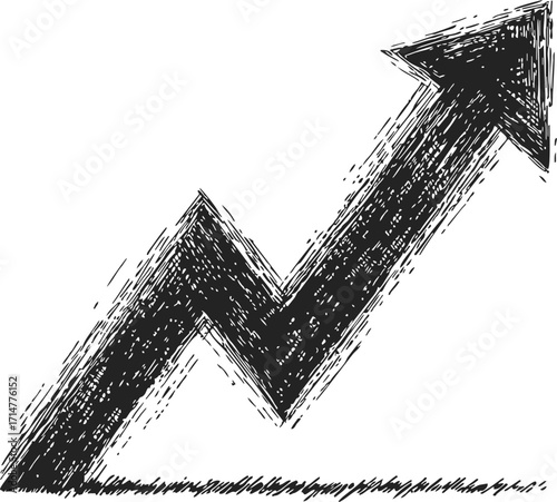 Upwards arrow sketch hand drawn, zigzag growth symbol, rising trend — stock vector