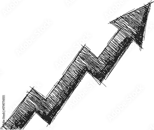 Upwards arrow sketch hand drawn jagged rising trend symbol — stock vector