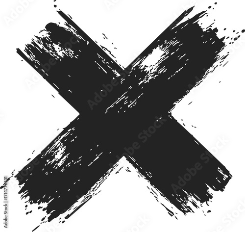 Black brush stroke X mark sketch hand drawn with rough textured edges — stock vector