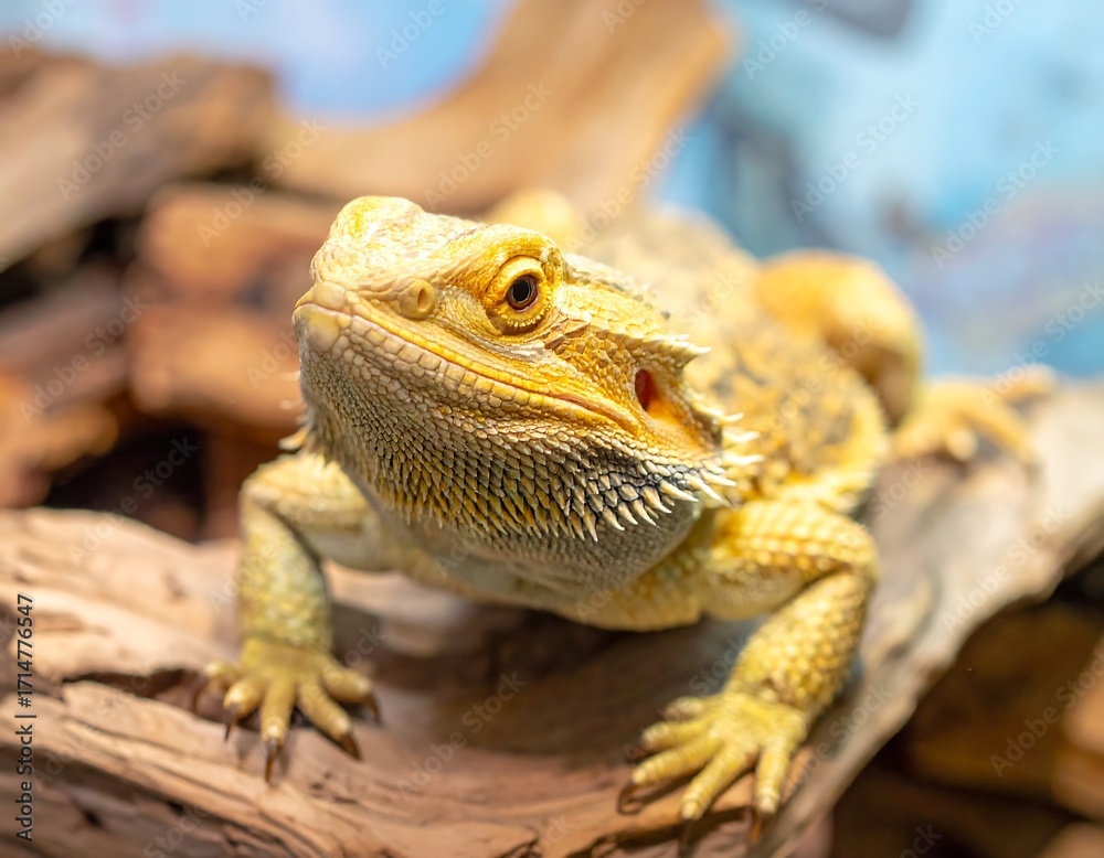 Obraz premium Close-up of a vibrant yellow bearded dragon resting on a piece of driftwood, showcasing its intricate scales and curious expression.