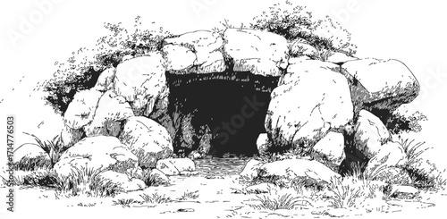 Rock cave entrance sketch, hand drawn with boulders, bushes, and rough terrain — stock vector