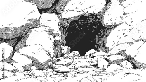 Cave entrance sketch, hand drawn rocky cliff with scattered stones and dark opening — stock vector
