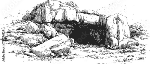 Rock cave entrance sketch, hand drawn rocky landscape with boulders and vegetation — stock vector