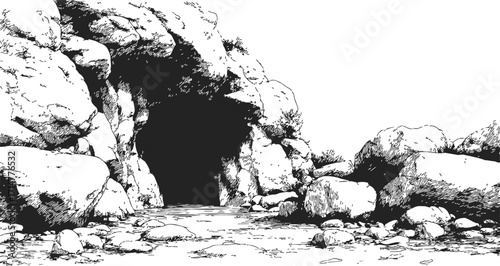Cave entrance sketch, hand drawn rocky cliff with boulders and rough terrain — stock vector