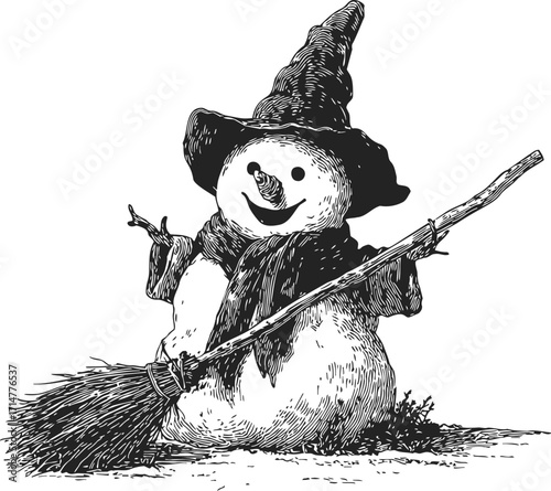 Snowman sketch hand drawn with witch hat scarf and broomstick in winter scene — stock vector