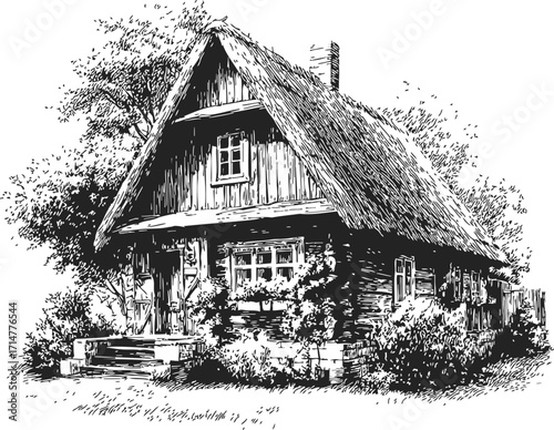 Thatched roof cottage sketch, hand drawn rustic house with garden and trees — stock vector