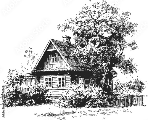 Rustic house sketch hand drawn with trees and garden landscape — stock vector