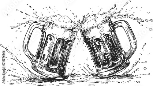 Two beer mugs sketch hand drawn clinking with splashing foam — stock vector