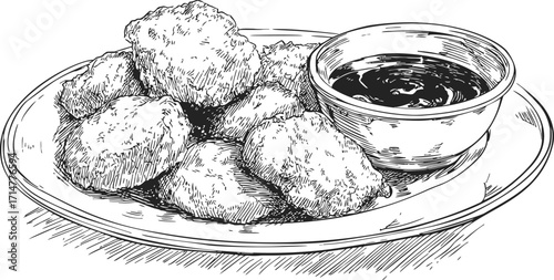 Chicken nuggets sketch, hand drawn style, plate with dipping sauce — stock vector