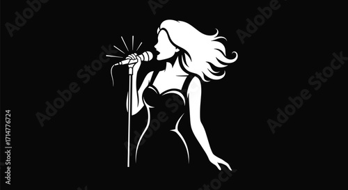 An elegant female singer with long flowing hair, performing with a microphone, a beautiful and confident silhouette of a professional musical artist.