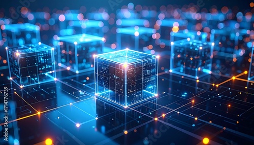 Blue-hued, glowing cubes interconnected by glowing lines, depicting a futuristic digital landscape