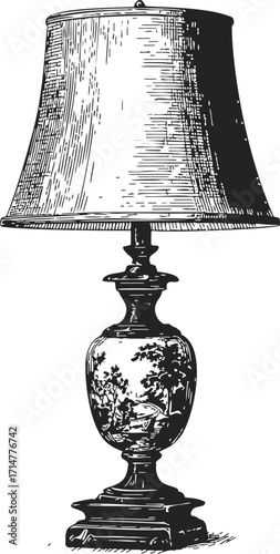 Table lamp sketch, hand drawn vintage ceramic base with landscape scene — stock vector
