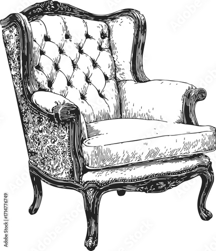 Antique armchair sketch, hand drawn vintage upholstered seat with ornate wood — stock vector