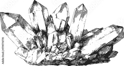 Quartz crystal cluster sketch, hand drawn style, detailed mineral formation illustration — stock vector
