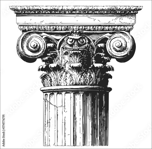 Ionic column capital sketch, hand drawn classical architectural detail with volutes — stock vector