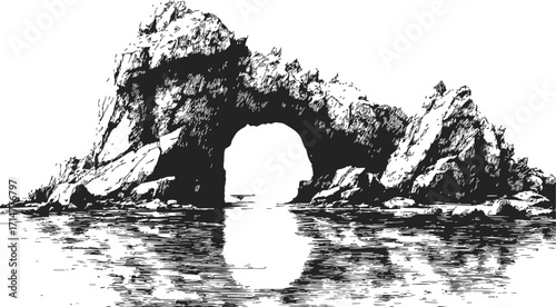 Natural arch sketch hand drawn rocky coastal formation with water reflection — stock vector