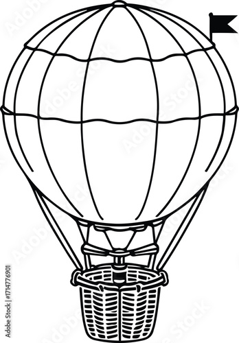 Black bold outline with white background, Outline vector of hot air balloon seen from side with basket details 1.