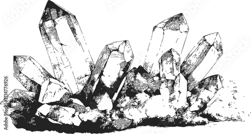 Quartz crystal cluster sketch hand drawn mineral formation with detailed facets — stock vector