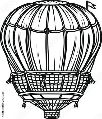 Black bold outline with white background, Outline vector of hot air balloon seen from side with basket details