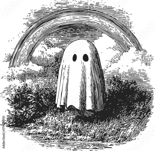 Ghost in sheet under rainbow sketch, hand drawn vintage style landscape — stock vector