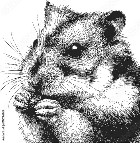Hamster sketch hand drawn eating detailed fur close up — stock vector