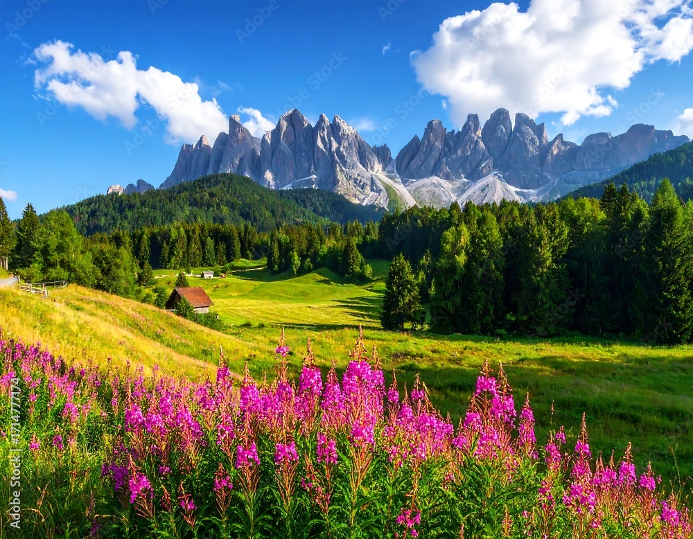 Obraz premium A picturesque valley nestled amongst majestic mountains, bathed in vibrant sunlight, showcasing a lush landscape of green meadows and vibrant pink flowers.