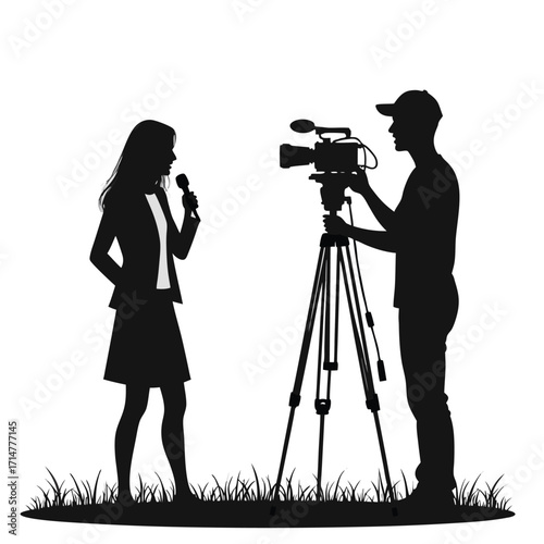 Reporter with microphone and cameraman filming on tripod