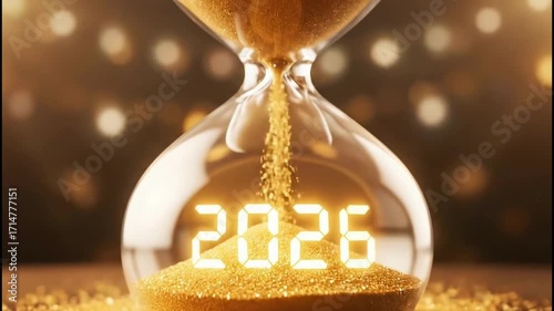 Hourglass displaying sand and numbers 2026 against a blurred background  