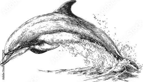 Dolphin sketch hand drawn jumping out of water with splash — stock vector