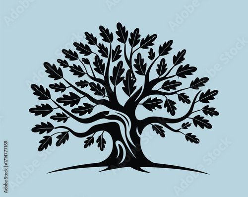 Modern oak tree vector silhouette logo, simple yet striking, suitable for websites, marketing materials, corporate identity, forestry projects, and nature-inspired design applications.
