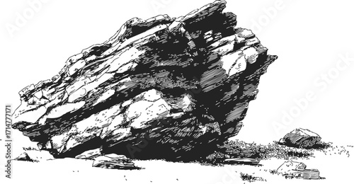 Rock formation sketch, hand drawn style, rugged boulder with textured surface on ground — stock vector
