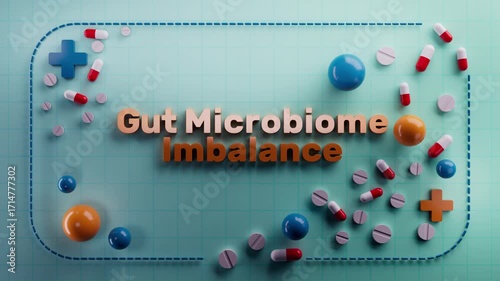 3D animation illustrating gut microbiome imbalance, showcasing vibrant colored spheres and pills, emphasizing health concepts and visual dynamics in a cohesive motion sequence. 3D video animation
